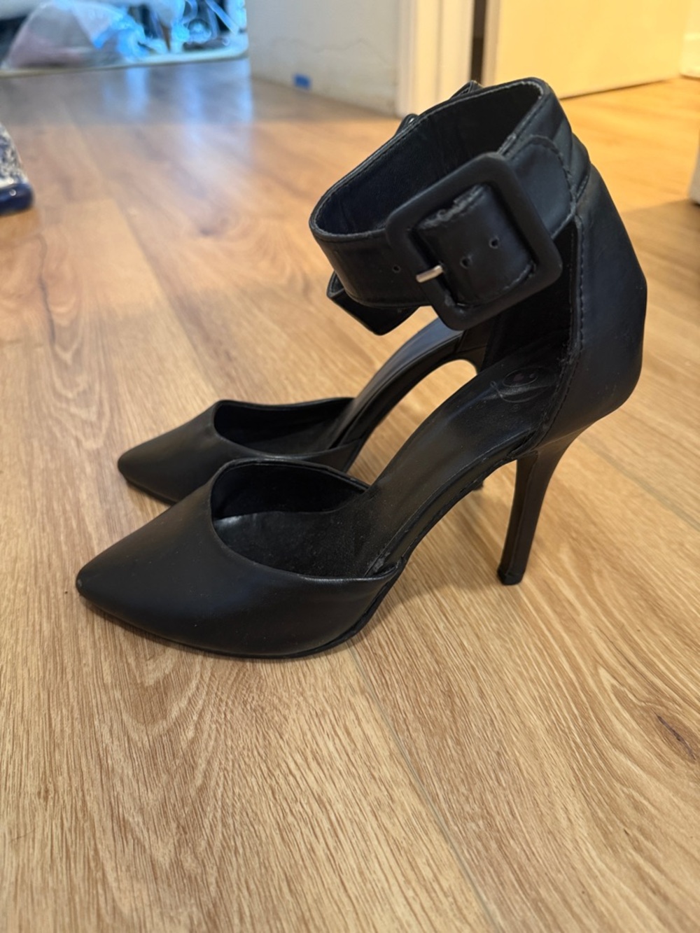 Classic Black Pointed Ankle Strap Heels